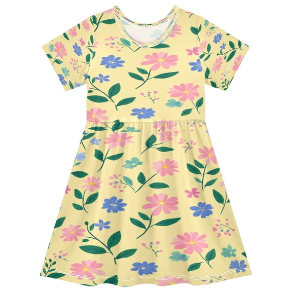 Toddler Girls Short Sleeve Summer Dress, Cute Casual Print Dress for Girls 2-8 Years, Soft Breathable Comfortable Daily Beach Party Dress Spring Meadow Floral Print