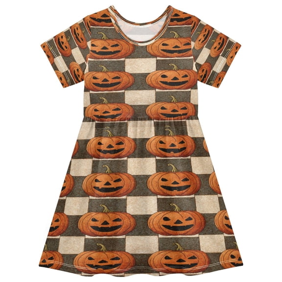 Toddler Girls Short Sleeve Summer Dress, Cute Casual Print Dress for Girls 2-8 Years, Soft Breathable Comfortable Daily Beach Party Dress Striped Wicked Pumpkins