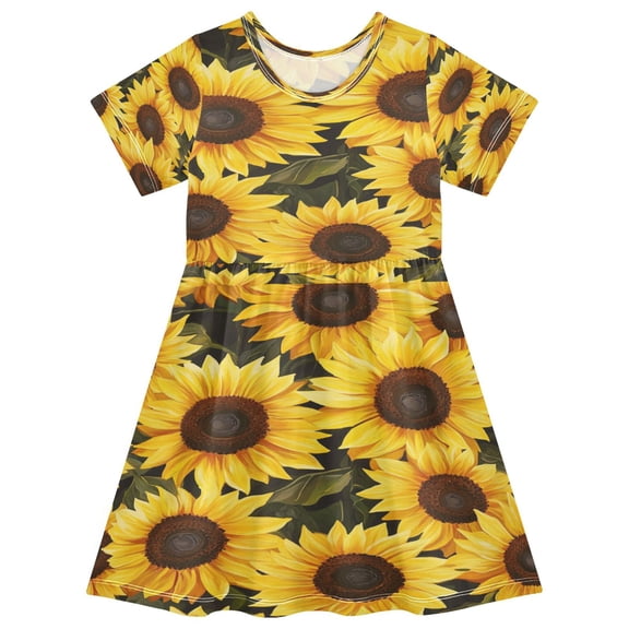 Toddler Girls Short Sleeve Summer Dress, Cute Casual Print Dress for Girls 2-8 Years, Soft Breathable Comfortable Daily Beach Party Dress Sunflowers Pattern