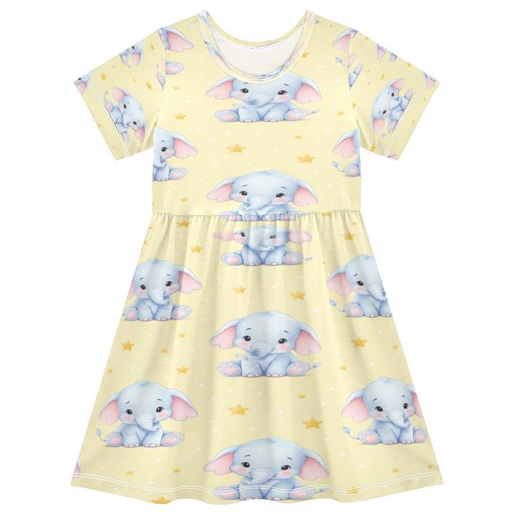 Toddler Girls Short Sleeve Summer Dress, Cute Casual Print Dress for Girls 2-8 Years, Soft Breathable Comfortable Daily Beach Party Dress Sweet Blue Elephant Stars