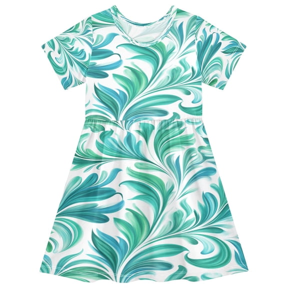 Toddler Girls Short Sleeve Summer Dress, Cute Casual Print Dress for Girls 2-8 Years, Soft Breathable Comfortable Daily Beach Party Dress Teal Swirl Damask Pattern