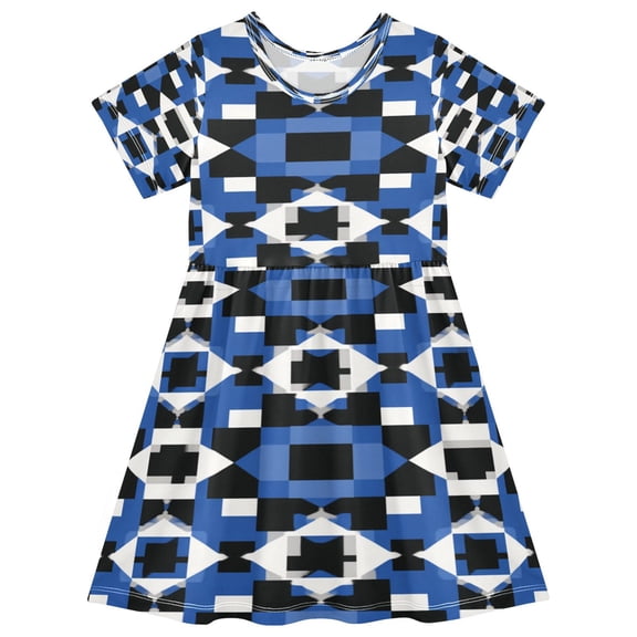 Toddler Girls Short Sleeve Summer Dress, Cute Casual Print Dress for Girls 2-8 Years, Soft Breathable Comfortable Daily Beach Party Dress Tricolor Symmetrical Plaid