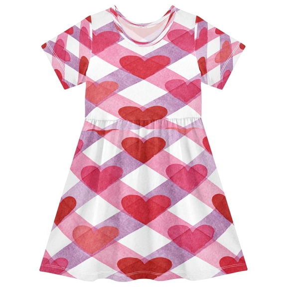 Toddler Girls Short Sleeve Summer Dress, Cute Casual Print Dress for Girls 2-8 Years, Soft Breathable Comfortable Daily Beach Party Dress Valentine Gingham Dreams