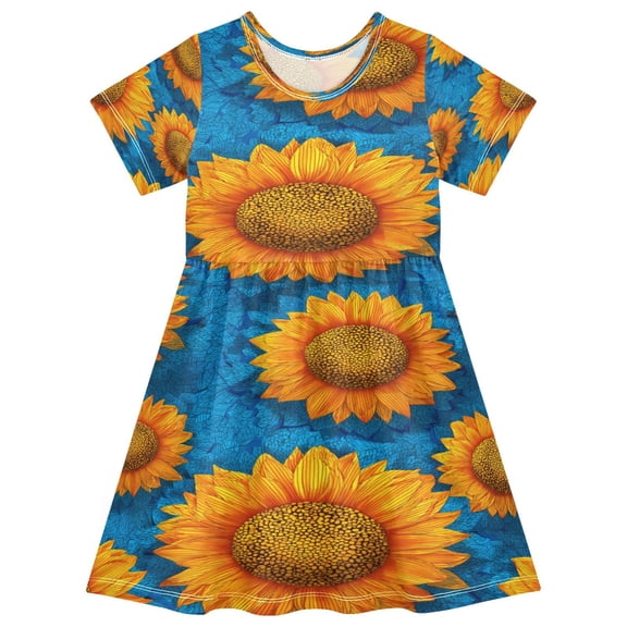Toddler Girls Short Sleeve Summer Dress, Cute Casual Print Dress for Girls 2-8 Years, Soft Breathable Comfortable Daily Beach Party Dress Vibrant Digital Sunflower Painting