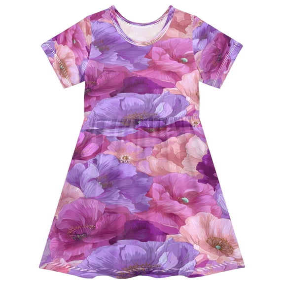 Toddler Girls Short Sleeve Summer Dress, Cute Casual Print Dress for Girls 2-8 Years, Soft Breathable Comfortable Daily Beach Party Dress Vibrant Fantasy Rose Pattern