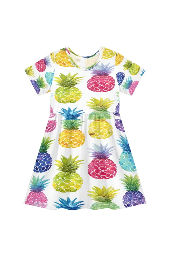 Toddler Girls Short Sleeve Summer Dress, Cute Casual Print Dress for Girls 2-8 Years, Soft Breathable Comfortable Daily Beach Party Dress Vibrant Watercolor Pineapples