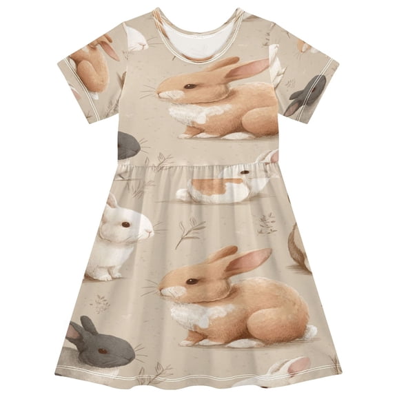 Toddler Girls Short Sleeve Summer Dress, Cute Casual Print Dress for Girls 2-8 Years, Soft Breathable Comfortable Daily Beach Party Dress Vintage Hare Patch