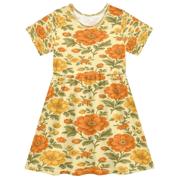 Toddler Girls Short Sleeve Summer Dress, Cute Casual Print Dress for Girls 2-8 Years, Soft Breathable Comfortable Daily Beach Party Dress Vintage Orange Floral Graphic