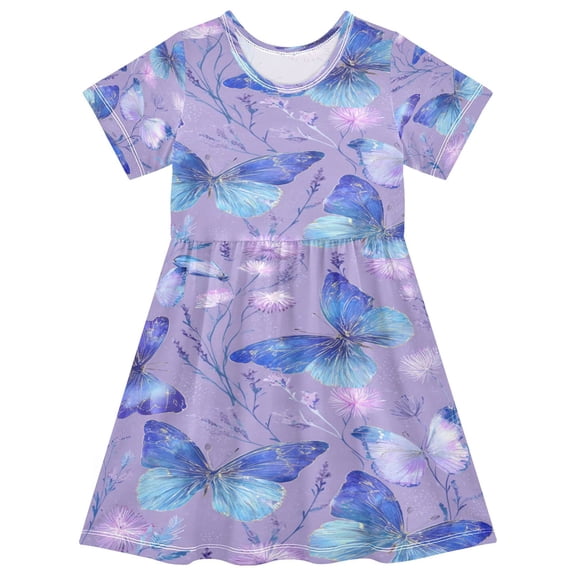 Toddler Girls Short Sleeve Summer Dress, Cute Casual Print Dress for Girls 2-8 Years, Soft Breathable Comfortable Daily Beach Party Dress Watercolor Beautiful Blue Butterflies