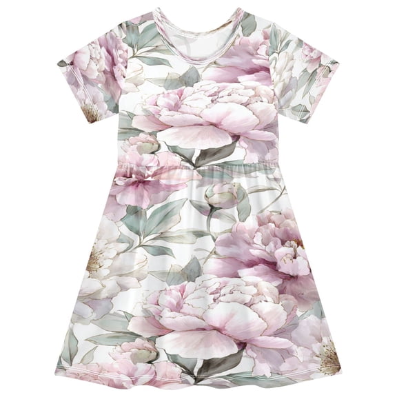 Toddler Girls Short Sleeve Summer Dress, Cute Casual Print Dress for Girls 2-8 Years, Soft Breathable Comfortable Daily Beach Party Dress Watercolor Peony Garden
