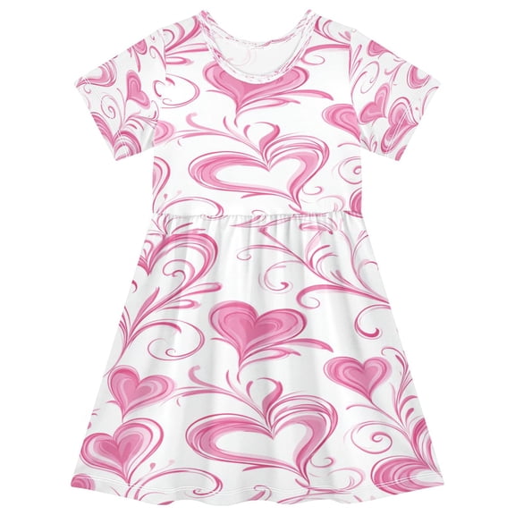 Toddler Girls Short Sleeve Summer Dress, Cute Casual Print Dress for Girls 2-8 Years, Soft Breathable Comfortable Daily Beach Party Dress Whimsical Heart Tendrils