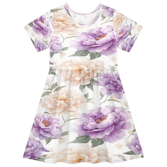 Toddler Girls Short Sleeve Summer Dress, Cute Casual Print Dress for Girls 2-8 Years, Soft Breathable Comfortable Daily Beach Party Dress Whimsical Peony Blooms