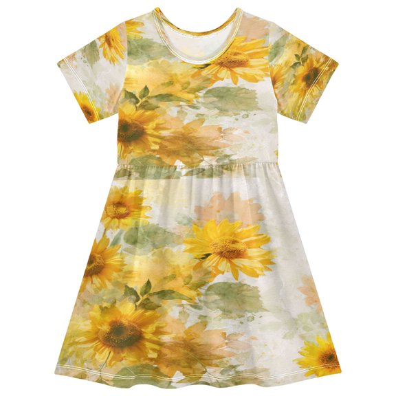 Toddler Girls Short Sleeve Summer Dress, Cute Casual Print Dress for Girls 2-8 Years, Soft Breathable Comfortable Daily Beach Party Dress Whimsical Watercolor Sunflowers