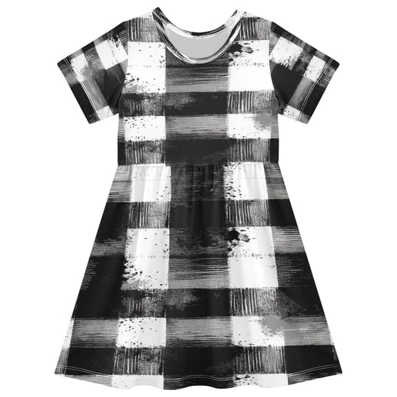 Toddler Girls Short Sleeve Summer Dress, Cute Casual Print Dress for Girls 2-8 Years, Soft Breathable Comfortable Daily Beach Party Dress White Black Checkered
