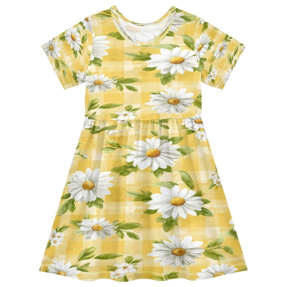 Toddler Girls Short Sleeve Summer Dress, Cute Casual Print Dress for Girls 2-8 Years, Soft Breathable Comfortable Daily Beach Party Dress Yellow Gingham with Daisies Pattern