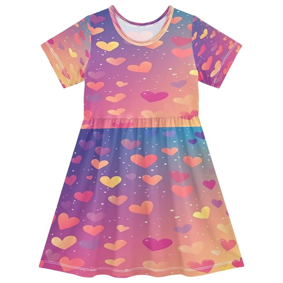 Toddler Girls Short Sleeve Summer Dress, Cute Casual Print Dress for Girls 2-8 Years, Soft Breathable Comfortable Daily Beach Party Dress Colorfula