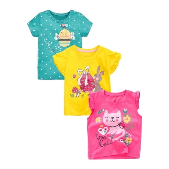 HILEELANG Toddler Girls' Short Sleeve Tee Shirt Cotton Casual Crewneck Cat Rabbit Bee Graphic Tops T-Shirts Pink Yellow Green 3 Packs Sets 3T