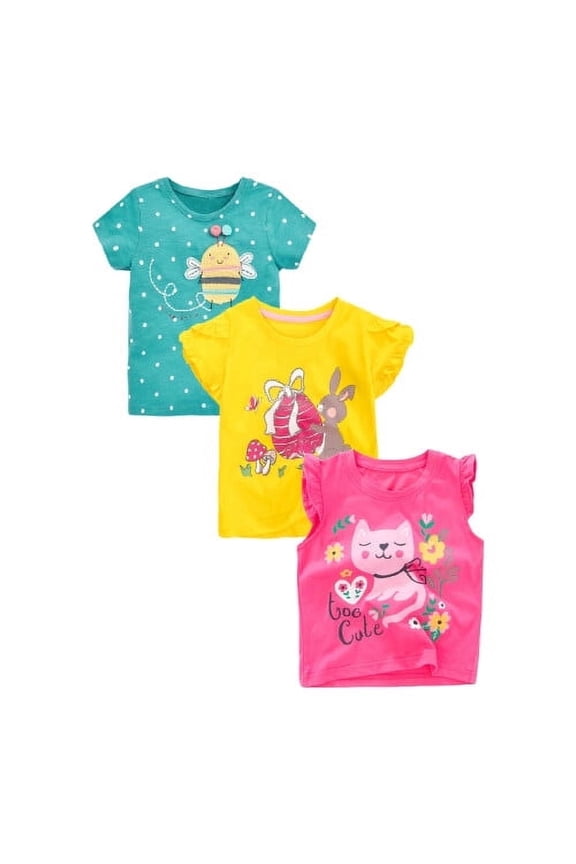 Toddler Girls' Short Sleeve Tee Shirt Cotton Casual Crewneck Cat Rabbit Bee Graphic Tops T-Shirts Pink Yellow Green 3 Packs Sets 3T