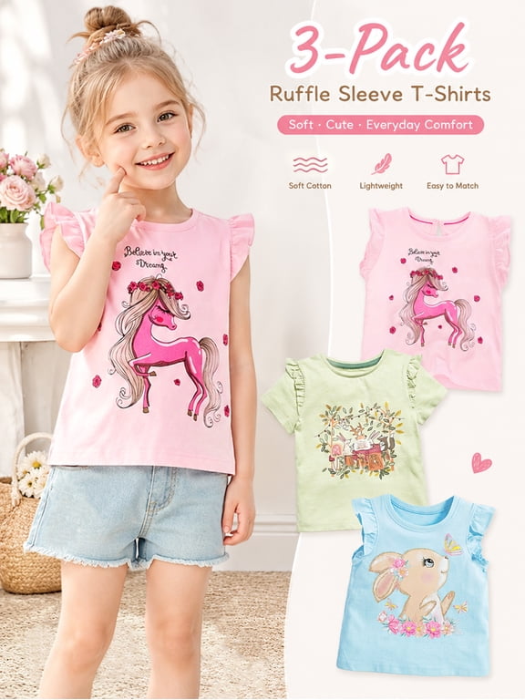 Toddler Girls' Cotton Short Sleeve Crewneck Tunic T-Shirts, 3 Pack (3T)