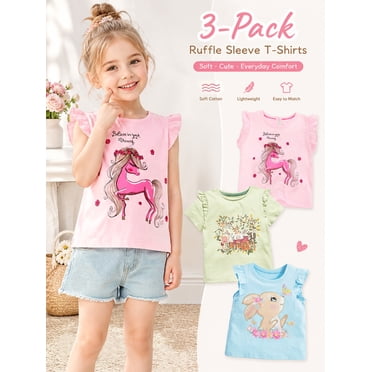HILEELANG Toddler Girls' Cotton Short Sleeve Crewneck Tunic T-Shirts, 3 Pack (5T)