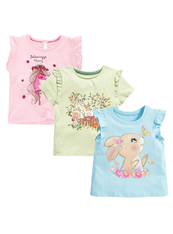 Toddler Girls' Short Sleeve Tees Shirts Cotton Casual Graphic Easter Bunny Summer Crewneck Jersey Tunic T-Shirts Tops 3 Packs Sets 5T