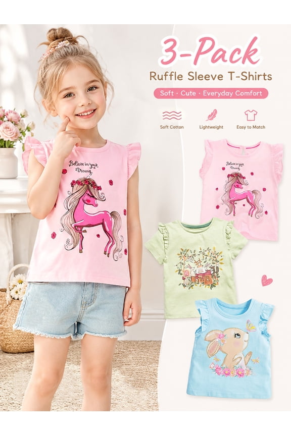 Little Girls' Short Sleeve Tees Shirts Cotton Casual Graphic Easter Bunny Summer Crewneck Jersey Tunic T-Shirts Tops 3 Packs Sets 7T