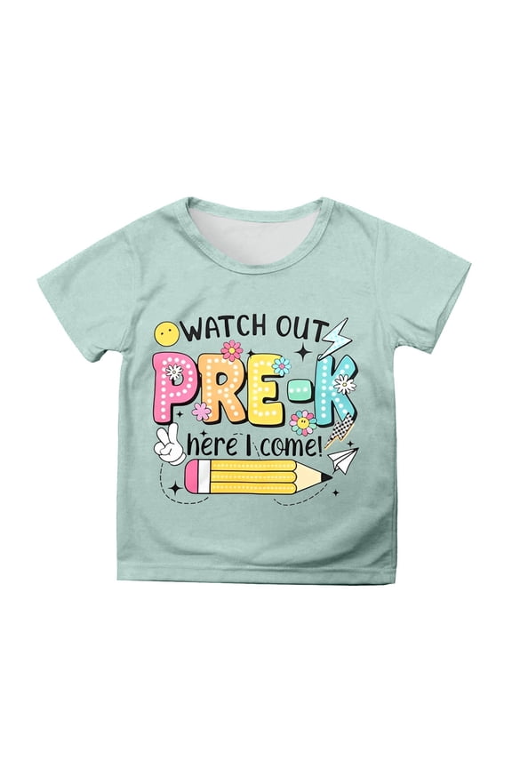 Toddler Girls Short Sleeve Tops Casual Cartoon Print Shirts Crewneck Tees Kids Back School Daily Wear Clothes Mint Green Size 4-5T