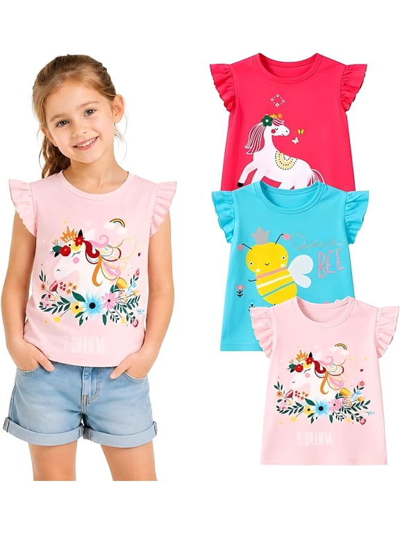 Toddler Girls 3-Pack Cotton Graphic T-Shirts, Short Sleeve Crewneck Tees, Rainbow & Unicorn Mix, Size 3T