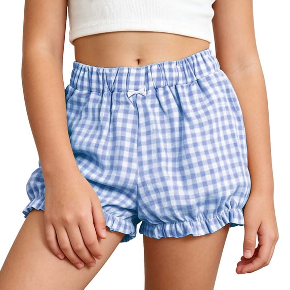 Toddler Girls' Shorts Ruffle Elastic Plaid Shorts Ruffled Bow Cute Loose Play Shorts for Big Kids Summer Casual Shorts with Pockets 3-12 Years