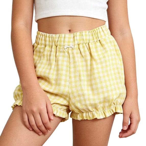 Toddler Girls' Shorts Ruffle Elastic Plaid Shorts Ruffled Bow Cute Loose Play Shorts for Big Kids Summer Casual Shorts with Pockets 3-12 Years