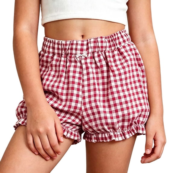 Toddler Girls' Shorts Ruffle Elastic Plaid Shorts Ruffled Bow Cute Loose Play Shorts for Big Kids Summer Casual Shorts with Pockets 3-12 Years