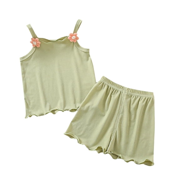 Toddler Girls Shorts Set, Kids Summer Sleeveless Flower Cami Tops and Shorts Ribbed Sleeveless Two Piece Outfit Clothes Green 1Y