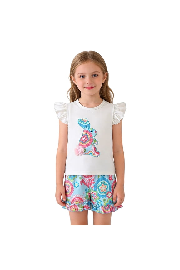 Toddler Girls Shorts Set Outfits Set Short Sleeve Matching Sets Girls Casual Outfit Cute Bunny Applique Top With Lace Shorts Two Piece Playwear Clothes Set White 1-2 Years