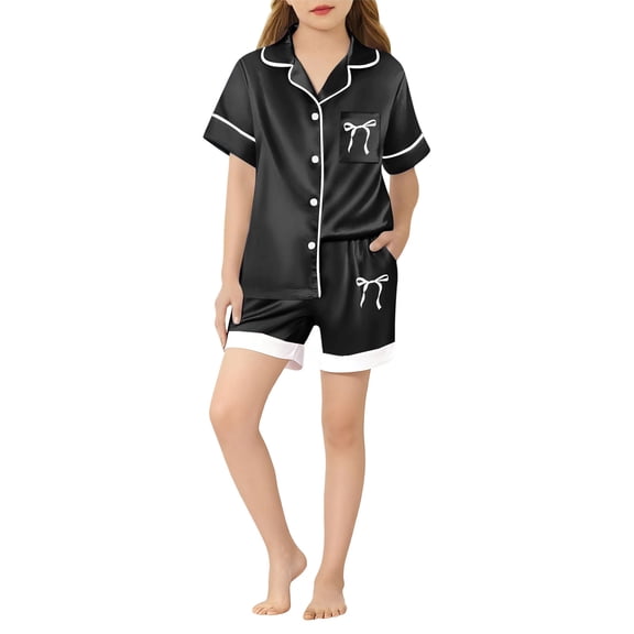 Toddler Girls Silk Pajamas Set Bowknot Print Short Sleeve Button Down Loungewear with Shorts Set Toddler Girl Sleepwear Boys Pjs Size 2-3 years