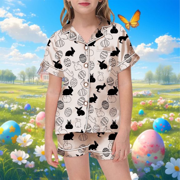 Toddler Girls Silk Pajamas Set Bunny Summer Sleepwear Button Down Shorts Set Casual Pajamas Set Pajamas For Kids 3-4 Years
