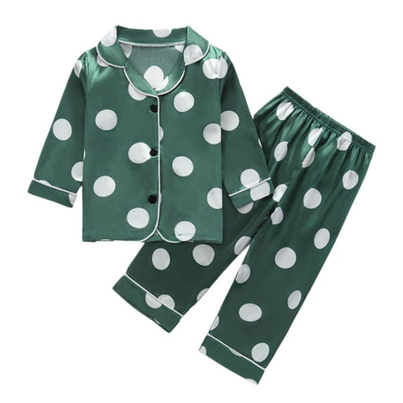 Toddler Girls Silk Pajamas Set Dot Printed Button Down Solid Tops T Shirt Pants 2PCS Summer Classic Loungewear Pj For Girls 5-6