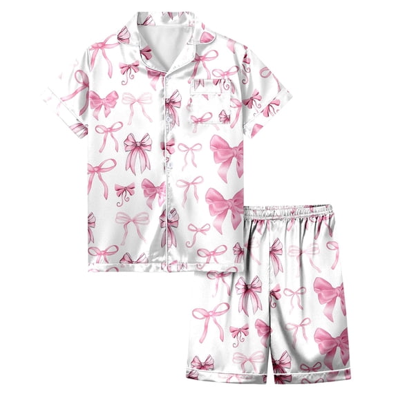 Toddler Girls Silk Pajamas Set Heart Print Short Sleeve Button Down Sleepwear with Shorts Set Holiday Outfits Toddler Girls Pajamas Set 4-5 Years