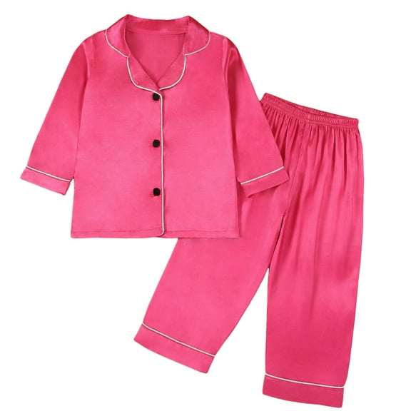 Toddler Girls Silk Pajamas Set Short Sleeve Button-Down Top Pants Set Girls Summer Pajamas Girls Silk Pajamas Size 3T