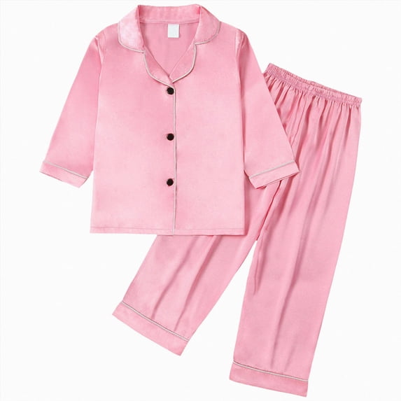 Toddler Girls Silky Satin Button-Up Pajama Set,Long Sleeve Sleepwear with Contrast Piping 8-9 Years