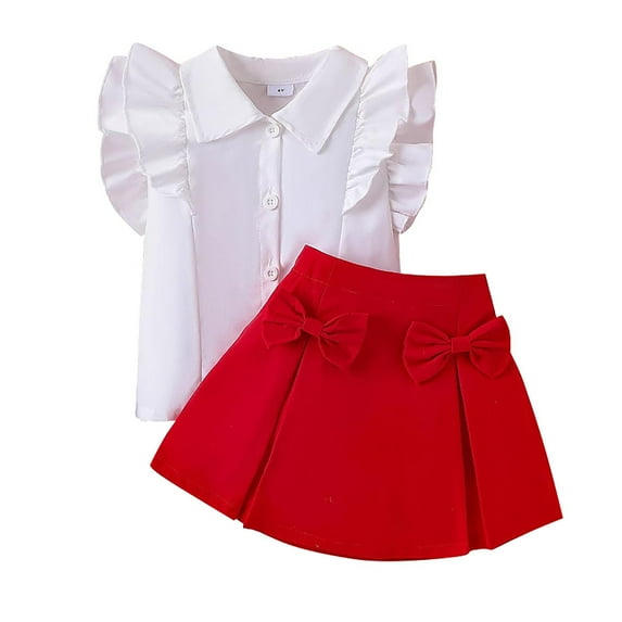 Toddler Girls Skirt 2-Piece Outfit Set Ruffle Button down Shirts Pleated Skirts Set Summer Little Girl Outfits Red, 5 Y