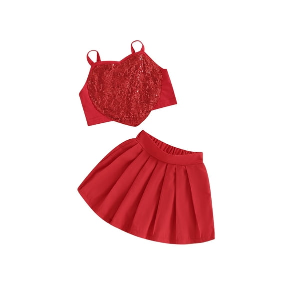 Toddler Girls Skirt Set, Sleeveless Sequins Heart Camisole with Pleated Skirt Outfit