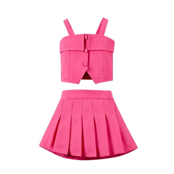 Toddler Girls Skirts Outfit Button Down Smocked Crop Tops Aline Pleated Skirts Party Dressy Casual Outfits Hot Pink, 5 Y