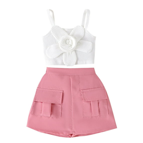 Toddler Girls Skirts Outfit Ribbed Floral Crop Tops Aline Skirts Shorts Birthday Dressy Casual Outfits Pink, 2 Y