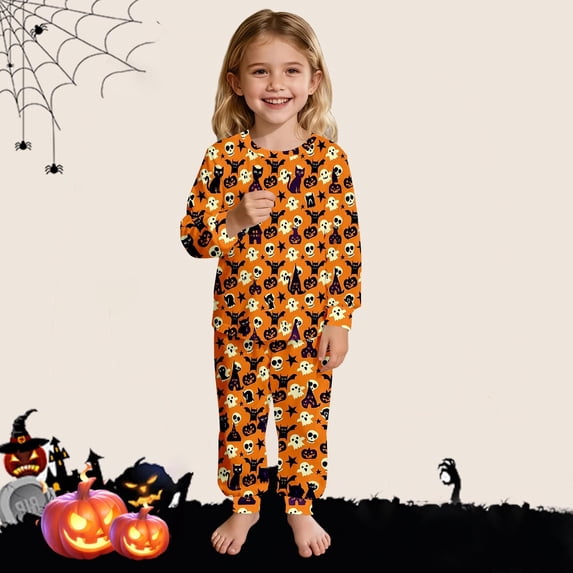 Toddler Girls Sleepwear Halloween Skeleton Hat Bat Pattern Long Sleeve Crewneck Relaxed Fit 2Pc Sleep Set Summer Autumn Pajama Parties Versatile Homewear,Orange,6-7 Years