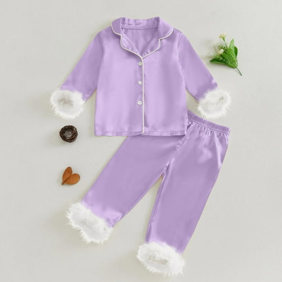 Toddler Girls' Sleepwear Long Sleeve Button Down Pajamas Fashion Solid Color Top and Pants 2 Piece Sets Purple 6-7 Years