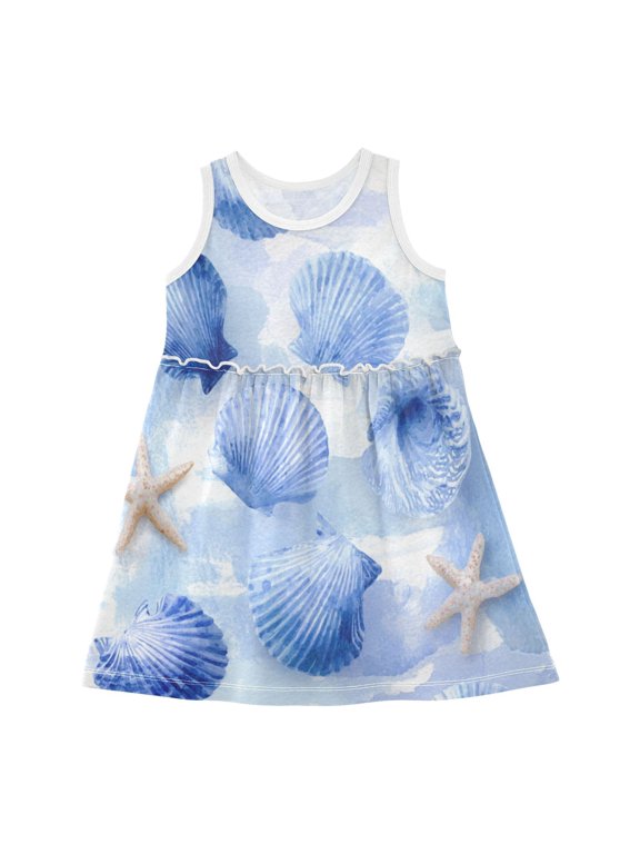 Toddler Girls Sleeveless Cotton Dress Summer Casual Beach Playwear A-Line Sundress 2T-8Y Cerulean Seashells Pattern
