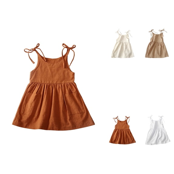Toddler Girls Sleeveless Cotton Linen Sundress with Pockets, White Bow Straps Summer Beach Dress for Baby Princess