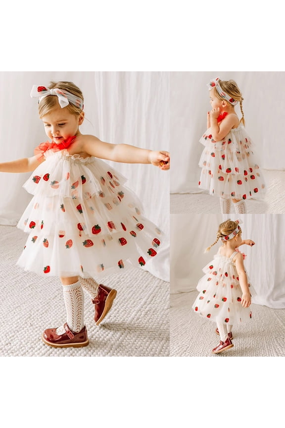 Toddler Girls Sleeveless Dress Strawberry Prints Mesh Dresses Holiday Party Tiered Dress Dance Party Outfits