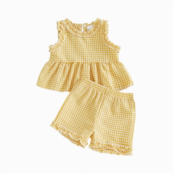 Toddler Girls Sleeveless Gingham Check Top and Shorts Set,Ruffled Peplum Outfit 12-18 Months