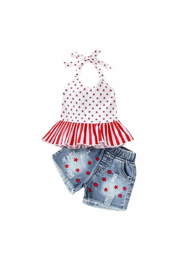 Toddler Girls Sleeveless Independence Day 4th Of July Star Striped Prints Vest Tops Denim Shorts Outfits